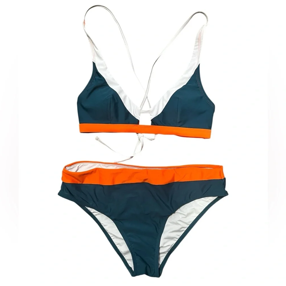 Cupshe Colorblock Bikini Teal‎ Orange and White Top S-M Bottom M-L